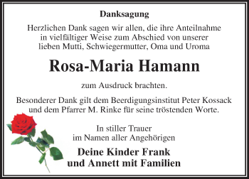 Traueranzeige von Rosa-Maria Hamann von Mitteldeutsche Zeitung Dessau-Roßlau