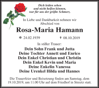 Traueranzeige von Rosa-Maria Hamann von Super Sonntag Dessau-Roßlau