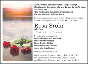 Traueranzeige von Rosa Sroka von Super Sonntag Köthen