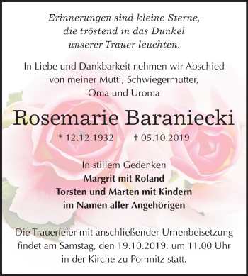 Traueranzeige von Rosemarie Baraniecki von Wochenspiegel Naumburg/Nebra