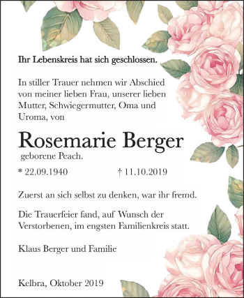 Traueranzeige von Rosemarie Berger von Super Sonntag Sangerhausen