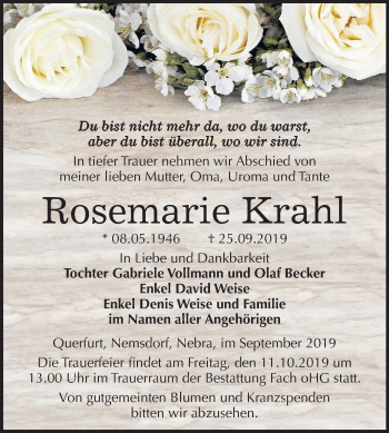 Traueranzeige von Rosemarie Krahl von Super Sonntag Merseburg/Querfurt