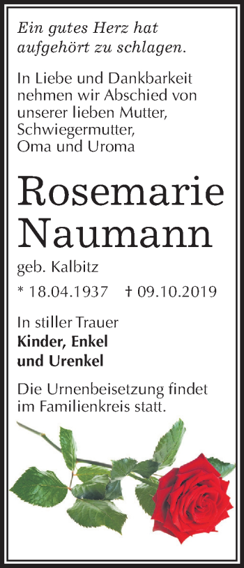 Traueranzeige von Rosemarie Naumann von Super Sonntag Köthen