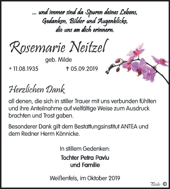 Traueranzeige von Rosemarie Neitzel von Mitteldeutsche Zeitung Weißenfels
