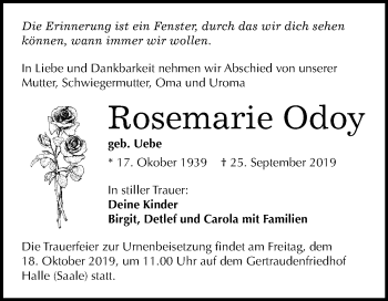 Traueranzeige von Rosemarie Odoy von Mitteldeutsche Zeitung Halle/Saalkreis