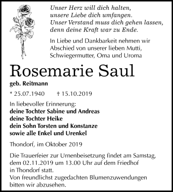 Traueranzeige von Rosemarie Saul von Mitteldeutsche Zeitung Mansfelder Land