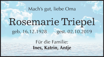 Traueranzeige von Rosemarie Triepel von Super Sonntag Bernburg