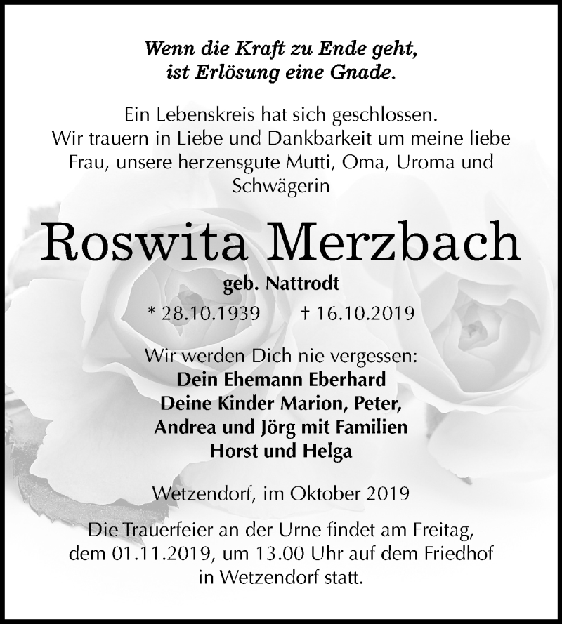  Traueranzeige für Roswita Merzbach vom 23.10.2019 aus Wochenspiegel Naumburg/Nebra