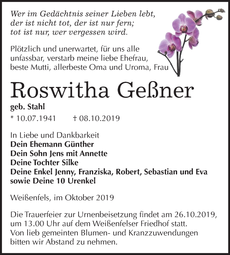 Traueranzeige für Roswitha Geßner vom 16.10.2019 aus Wochenspiegel Weißenfels