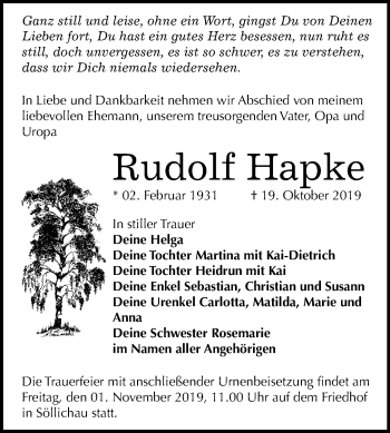 Traueranzeige von Rudolf Hapke von Mitteldeutsche Zeitung Wittenberg