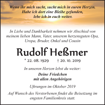 Traueranzeige von Rudolf Heßmer von Mitteldeutsche Zeitung Sangerhausen