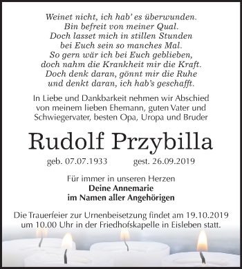 Traueranzeige von Rudolf Przybilla von Wochenspiegel Mansfelder Land