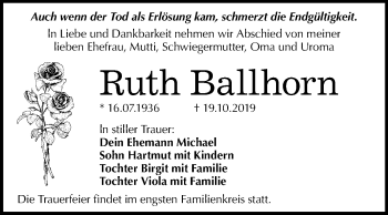 Traueranzeige von Ruth Ballhorn von Mitteldeutsche Zeitung Dessau-Roßlau