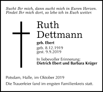 Traueranzeige von Ruth Dettmann von Mitteldeutsche Zeitung Halle/Saalkreis