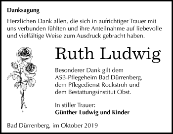Traueranzeige von Ruth Ludwig von Super Sonntag Merseburg/Querfurt