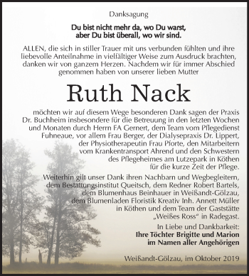 Traueranzeige von Ruth Nack von Mitteldeutsche Zeitung Köthen