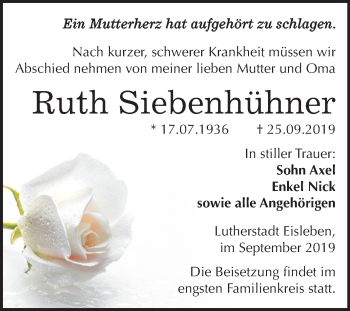 Traueranzeige von Ruth Siebenhühner von Super Sonntag Mansfelder Land
