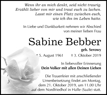 Traueranzeige von Sabine Bebber von Mitteldeutsche Zeitung Aschersleben