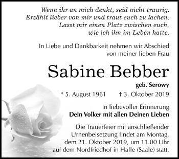 Traueranzeige von Sabine Bebber von Mitteldeutsche Zeitung Halle/Saalkreis
