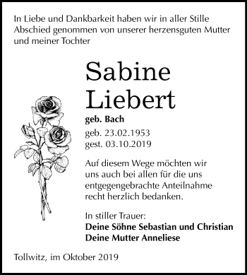 Traueranzeige von Sabine Liebert von Mitteldeutsche Zeitung Weißenfels