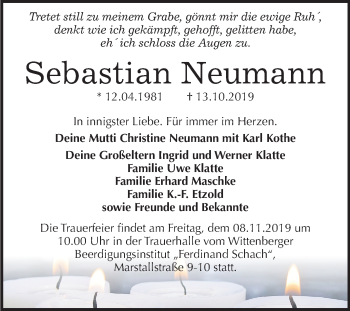 Traueranzeige von Sebastian Neumann von Super Sonntag Wittenberg
