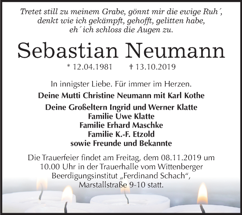  Traueranzeige für Sebastian Neumann vom 19.10.2019 aus Mitteldeutsche Zeitung Wittenberg