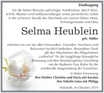 Traueranzeige von Selma Heublein von Mitteldeutsche Zeitung Mansfelder Land