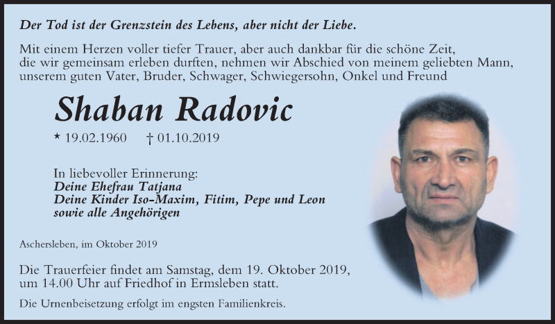  Traueranzeige für Shaban Radovic vom 17.10.2019 aus Mitteldeutsche Zeitung Aschersleben