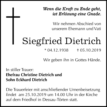 Traueranzeige von Siegfried Dietrich von Super Sonntag Dessau-Roßlau