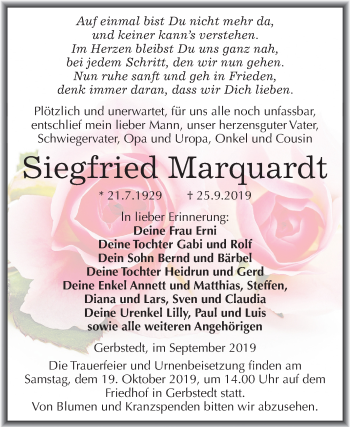 Traueranzeige von Siegfried Marquardt von Mitteldeutsche Zeitung Mansfelder Land