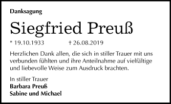 Traueranzeige von Siegfried Preuß von Mitteldeutsche Zeitung Halle/Saalkreis