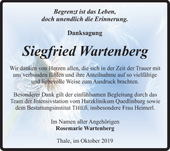 Traueranzeige von Siegfried Wartenberg von Super Sonntag Quedlinburg