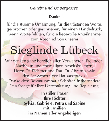 Traueranzeige von Sieglinde Lübeck von Mitteldeutsche Zeitung Bitterfeld