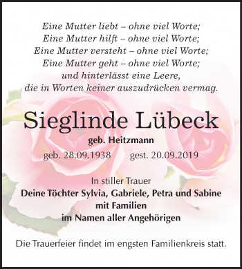 Traueranzeige von Sieglinde Lübeck von Mitteldeutsche Zeitung Bitterfeld