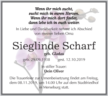 Traueranzeige von Sieglinde Scharf von Super Sonntag Merseburg/Querfurt