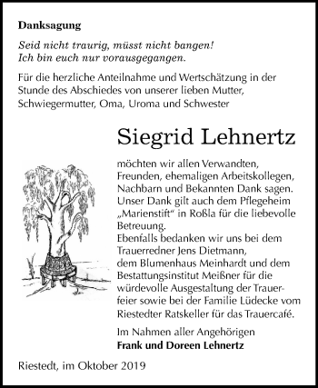 Traueranzeige von Siegrid Lehnertz von Super Sonntag Sangerhausen