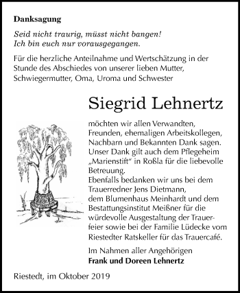Traueranzeige von Siegrid Lehnertz von Mitteldeutsche Zeitung Sangerhausen