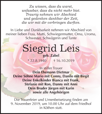 Traueranzeige von Siegrid Leis von Mitteldeutsche Zeitung Köthen