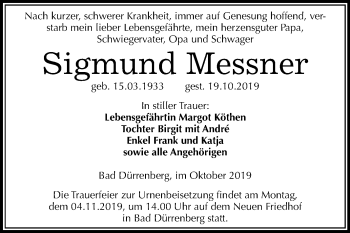 Traueranzeige von Sigmund Messner von Mitteldeutsche Zeitung Merseburg/Querfurt