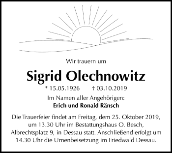 Traueranzeige von Sigrid Olechnowitz von Mitteldeutsche Zeitung Dessau-Roßlau