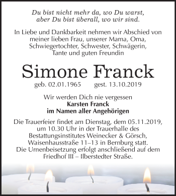 Traueranzeige von Simone Franck von Super Sonntag Bernburg