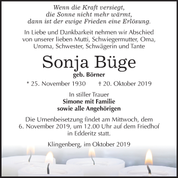 Traueranzeige von Sonja Büge von Mitteldeutsche Zeitung Köthen