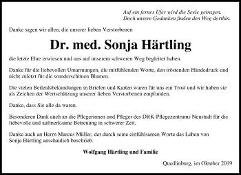 Traueranzeige von Sonja Härtling von Super Sonntag Quedlinburg