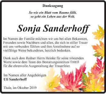 Traueranzeige von Sonja Sanderhoff von Super Sonntag Quedlinburg