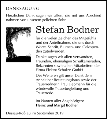 Traueranzeige von Stefan Bodner von Super Sonntag Dessau-Roßlau