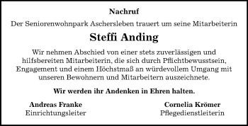Traueranzeige von Steffi Anding von Wochenspiegel Aschersleben