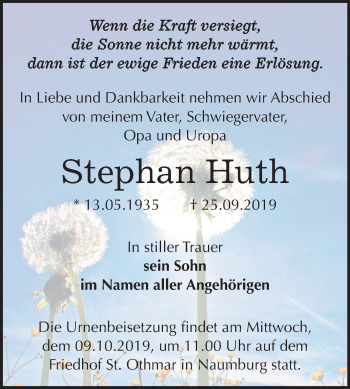 Traueranzeige von Stephan Huth von Mitteldeutsche Zeitung Naumburg/Nebra