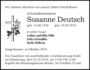 Traueranzeige von Susanne Deutsch von Mitteldeutsche Zeitung Sangerhausen
