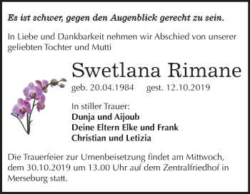 Traueranzeige von Swetlana Rimane von Super Sonntag Merseburg/Querfurt