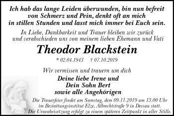 Traueranzeige von Theodor Blackstein von Mitteldeutsche Zeitung Dessau-Roßlau